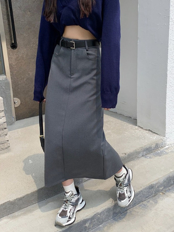 Fustă lungă din poliester, Tip A, cu slit, material elastic