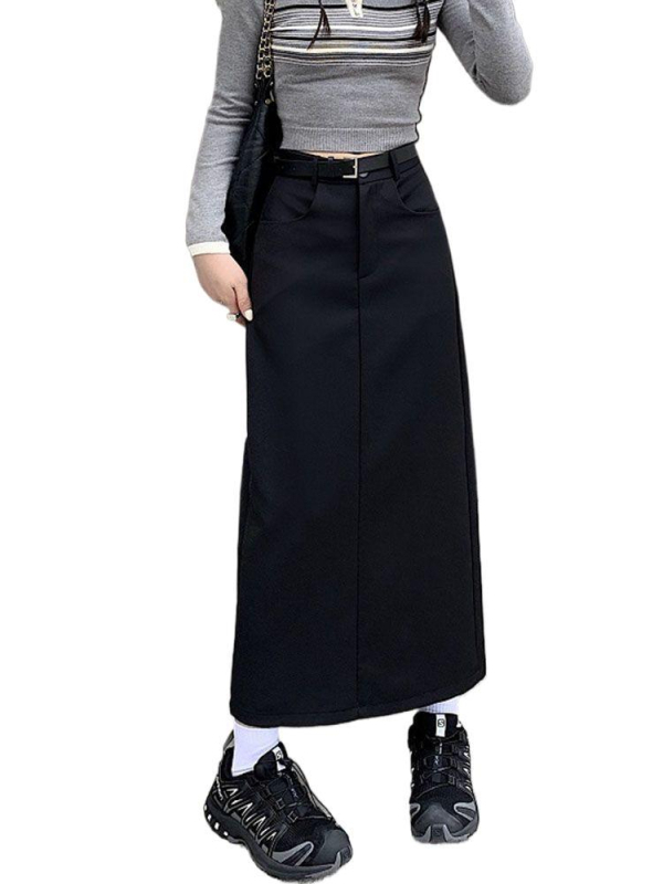 Fustă lungă din poliester, Tip A, cu slit, material elastic