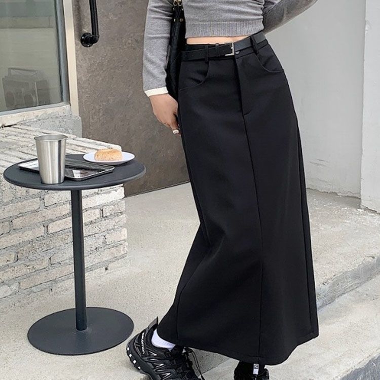 Fustă lungă din poliester, Tip A, cu slit, material elastic