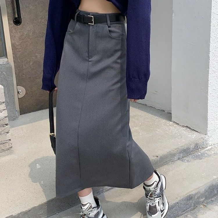 Fustă lungă din poliester, Tip A, cu slit, material elastic