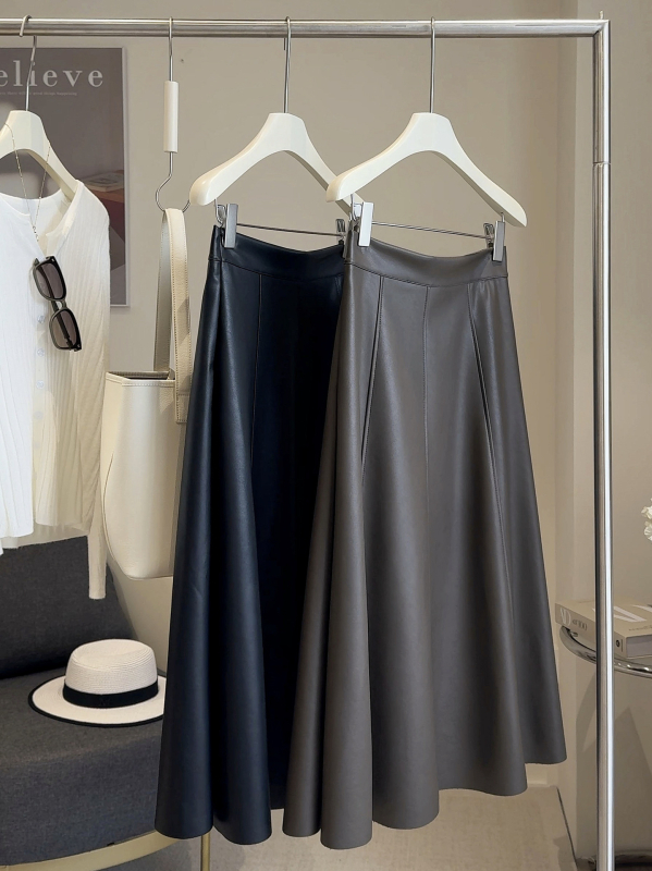 PU midi suknja, visokim strukom, A-linija, bez nabora, casual stil