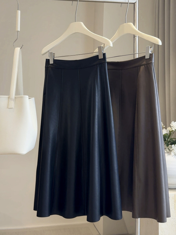 PU midi suknja, visokim strukom, A-linija, bez nabora, casual stil