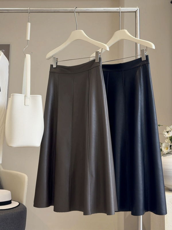 PU midi suknja, visokim strukom, A-linija, bez nabora, casual stil