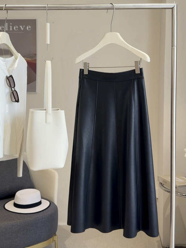PU midi suknja, visokim strukom, A-linija, bez nabora, casual stil