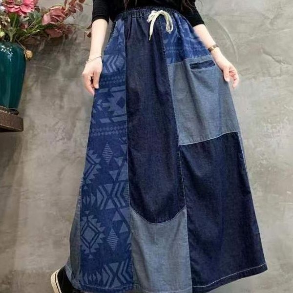 Ženska traper suknja, visok struk, vezanje sprijeda, patchwork šavovi, midi duljina