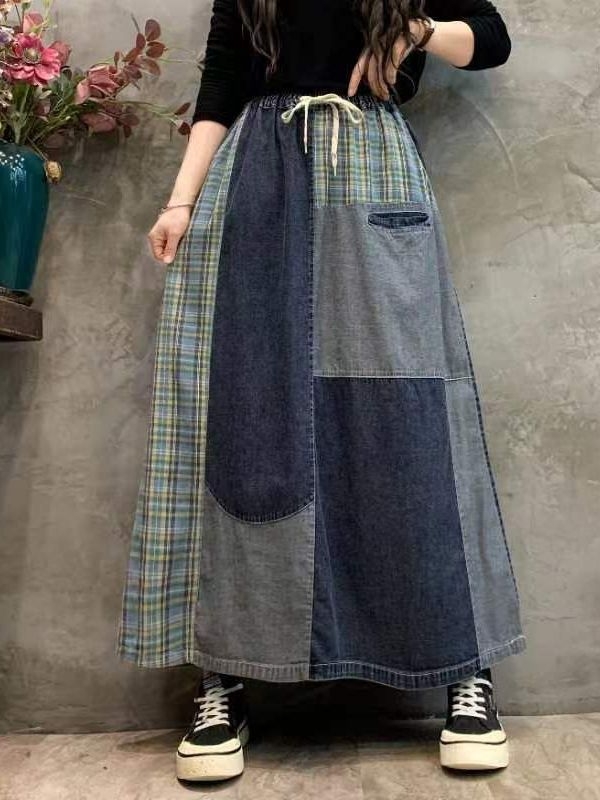 Ženska traper suknja, visok struk, vezanje sprijeda, patchwork šavovi, midi duljina