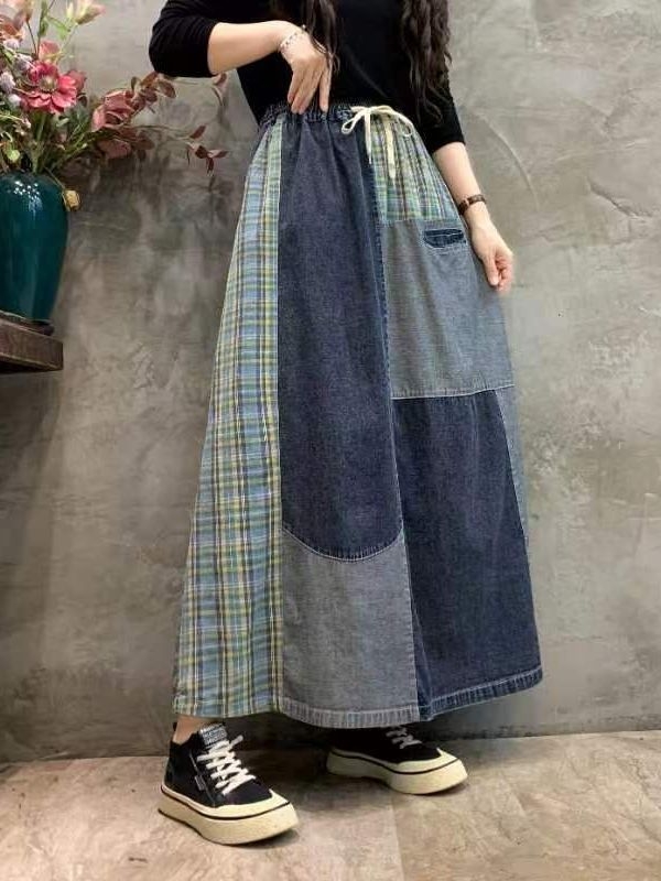 Ženska traper suknja, visok struk, vezanje sprijeda, patchwork šavovi, midi duljina
