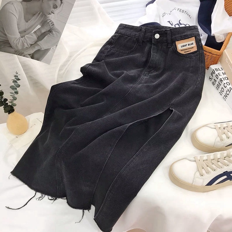 Ženska džins suknja A-linije midi, visok pojas, bočni otvor, elegantan stil, pamuk 50–70%