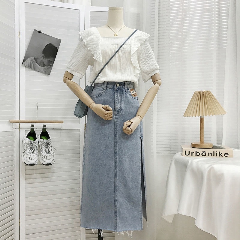 Ženska džins suknja A-linije midi, visok pojas, bočni otvor, elegantan stil, pamuk 50–70%