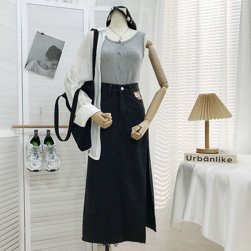 Ženska džins suknja A-linije midi, visok pojas, bočni otvor, elegantan stil, pamuk 50–70%