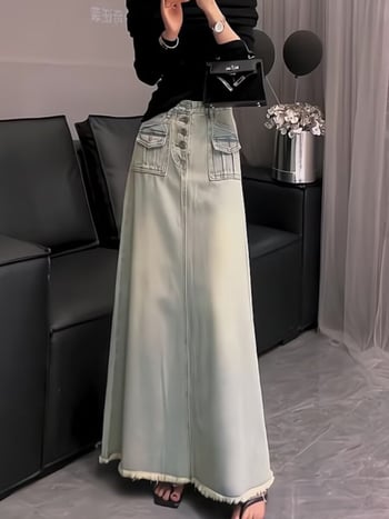 Denim suknja visokog struka i sirov rub, detalji kolage šivanja, duga silueta, mikro-elastičan materijal s 30–50% poliestera