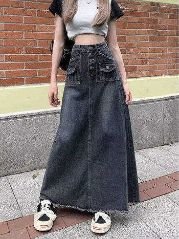 Denim suknja visokog struka i sirov rub, detalji kolage šivanja, duga silueta, mikro-elastičan materijal s 30–50% poliestera
