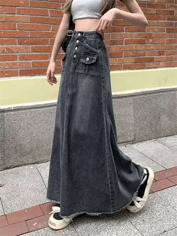 Denim suknja visokog struka i sirov rub, detalji kolage šivanja, duga silueta, mikro-elastičan materijal s 30–50% poliestera