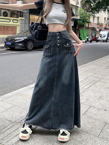 Denim suknja visokog struka i sirov rub, detalji kolage šivanja, duga silueta, mikro-elastičan materijal s 30–50% poliestera