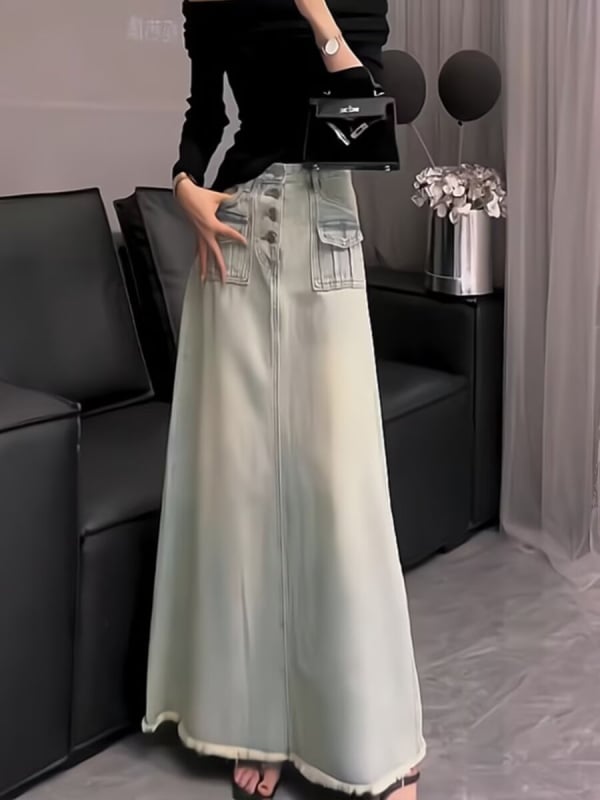 Denim suknja visokog struka i sirov rub, detalji kolage šivanja, duga silueta, mikro-elastičan materijal s 30–50% poliestera
