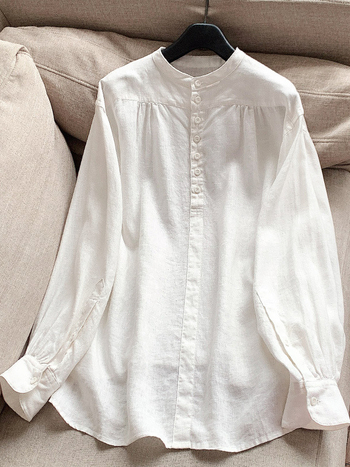 Lanena košulja s konopnim smjesom, duge rukave, mali stojeći ovratnik, elegantan uredski stil, jesen 2025