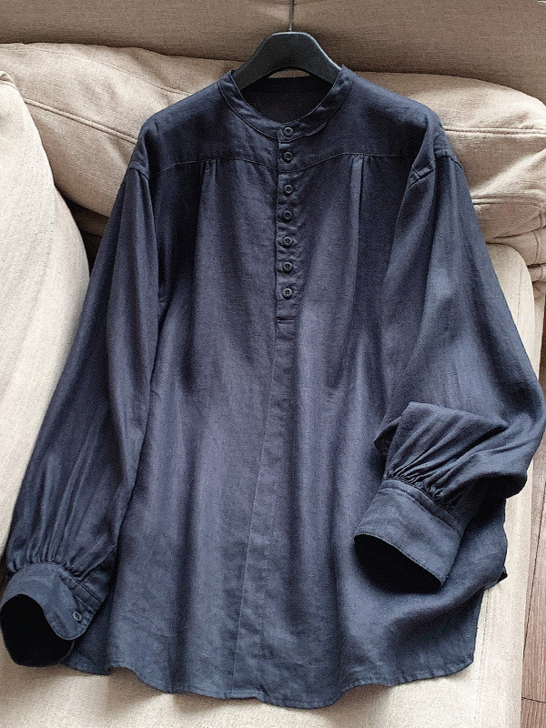 Lanena košulja s konopnim smjesom, duge rukave, mali stojeći ovratnik, elegantan uredski stil, jesen 2025