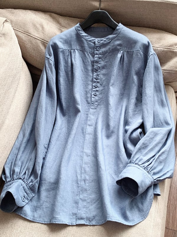 Lanena košulja s konopnim smjesom, duge rukave, mali stojeći ovratnik, elegantan uredski stil, jesen 2025