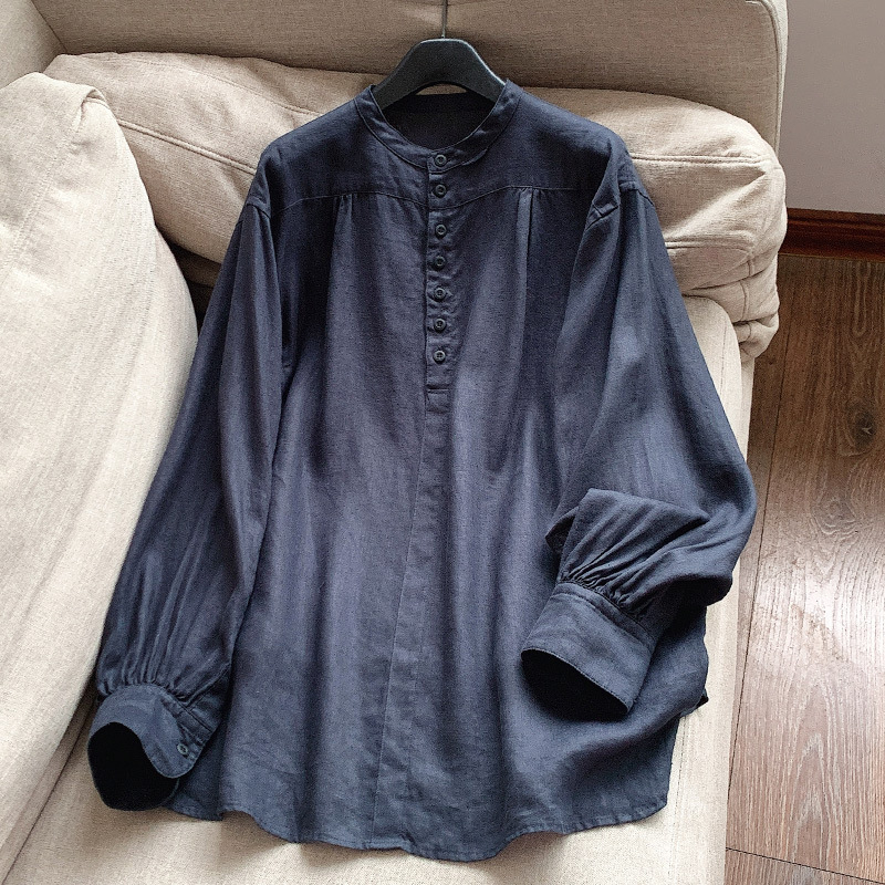 Lanena košulja s konopnim smjesom, duge rukave, mali stojeći ovratnik, elegantan uredski stil, jesen 2025