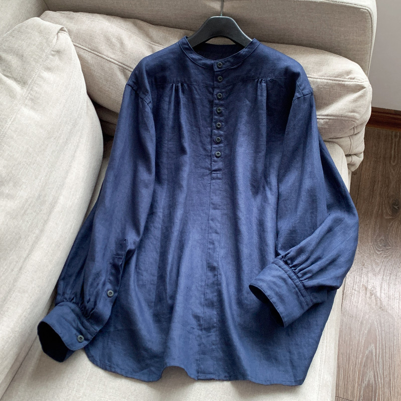Lanena košulja s konopnim smjesom, duge rukave, mali stojeći ovratnik, elegantan uredski stil, jesen 2025