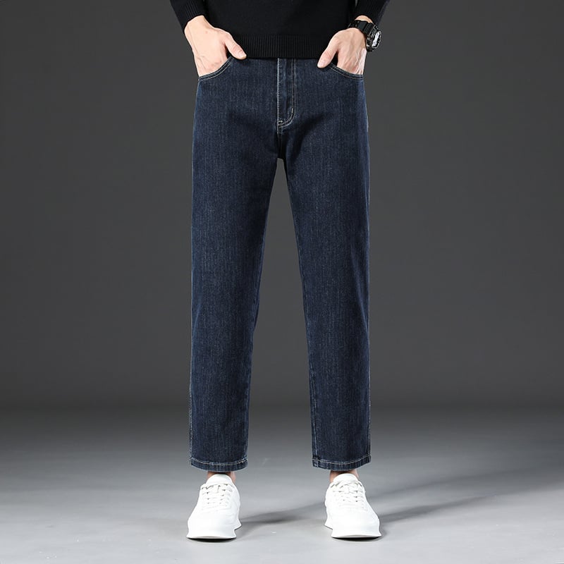 Muške traperice s flis podstavom, labav ravni kroj, visok struk, zatvarač, denim pamuk