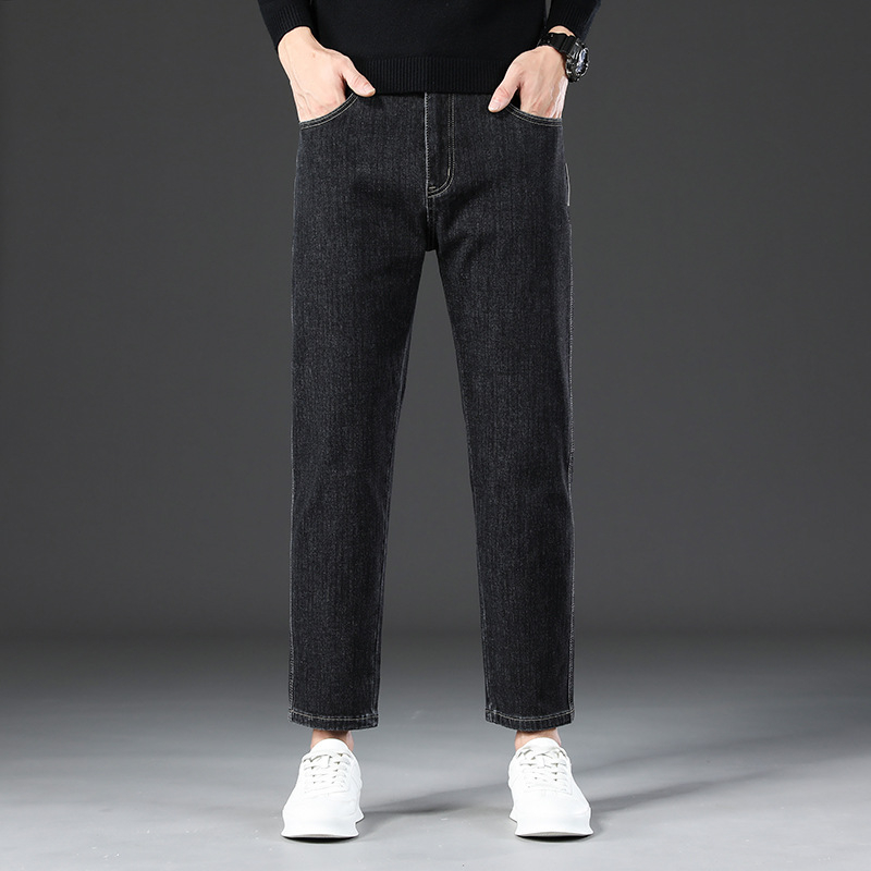 Muške traperice s flis podstavom, labav ravni kroj, visok struk, zatvarač, denim pamuk