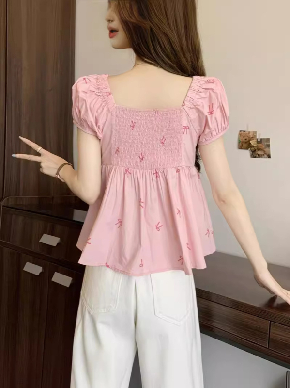 Košulja s printom mašne, kratki rukavi, četvrtasti ovratnik, poliester, pulover stil