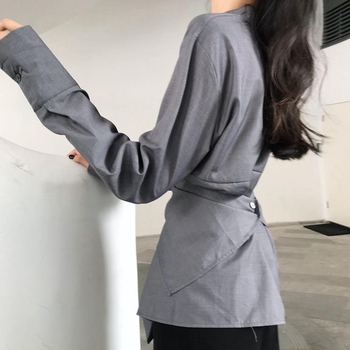 Košulja od Tencel mješavine, slobodan kroj, stojeći ovratnik, dugi rukavi, off-shoulder gradski stil