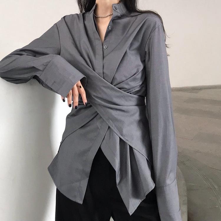 Košulja od Tencel mješavine, slobodan kroj, stojeći ovratnik, dugi rukavi, off-shoulder gradski stil