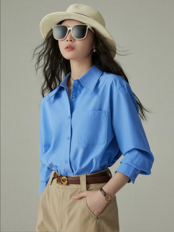 Košulja širokog kroja od pamuk-poliester materijala, polo ovratnik, dugi rukavi, bez glačanja