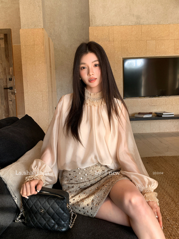 Bluza od šifona, jednobojna, dugi rukavi, okrugli izrez — 23105, LS SHALIJIAJIA