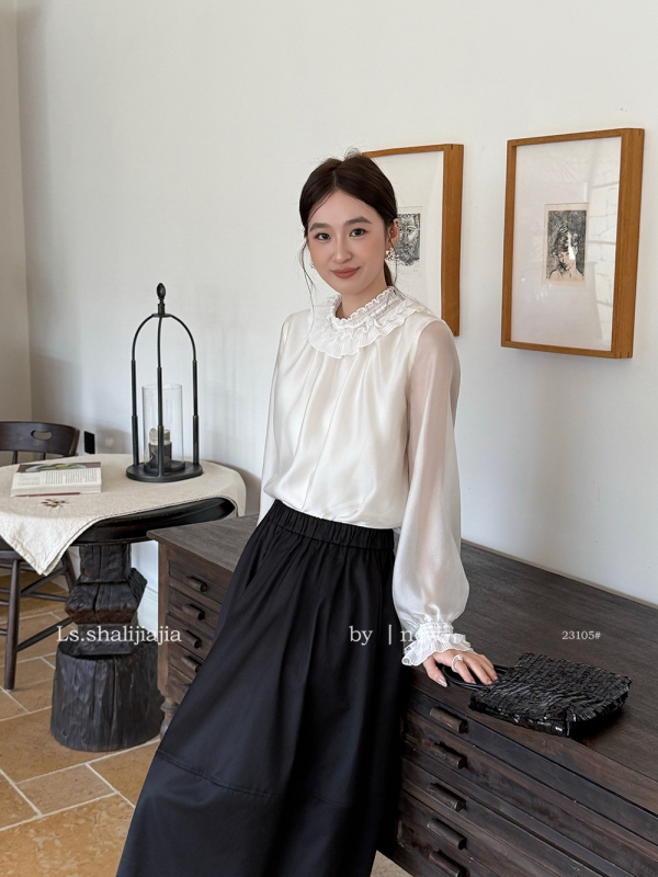 Bluza od šifona, jednobojna, dugi rukavi, okrugli izrez — 23105, LS SHALIJIAJIA