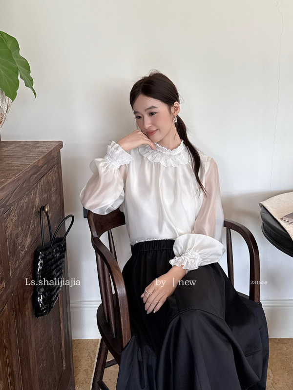 Bluza od šifona, jednobojna, dugi rukavi, okrugli izrez — 23105, LS SHALIJIAJIA