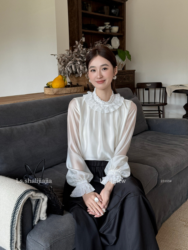 Bluza od šifona, jednobojna, dugi rukavi, okrugli izrez — 23105, LS SHALIJIAJIA