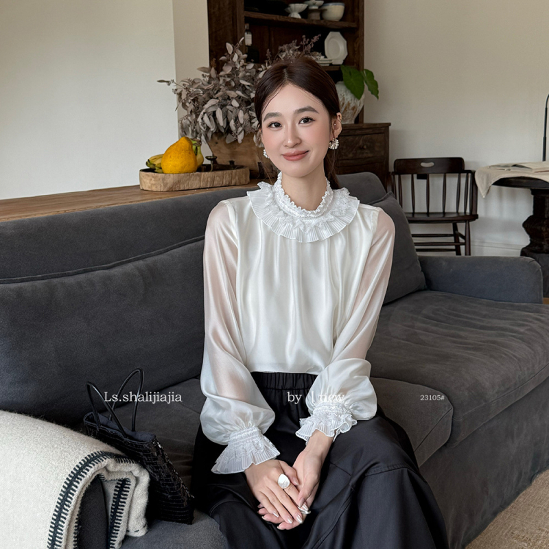 Bluza od šifona, jednobojna, dugi rukavi, okrugli izrez — 23105, LS SHALIJIAJIA