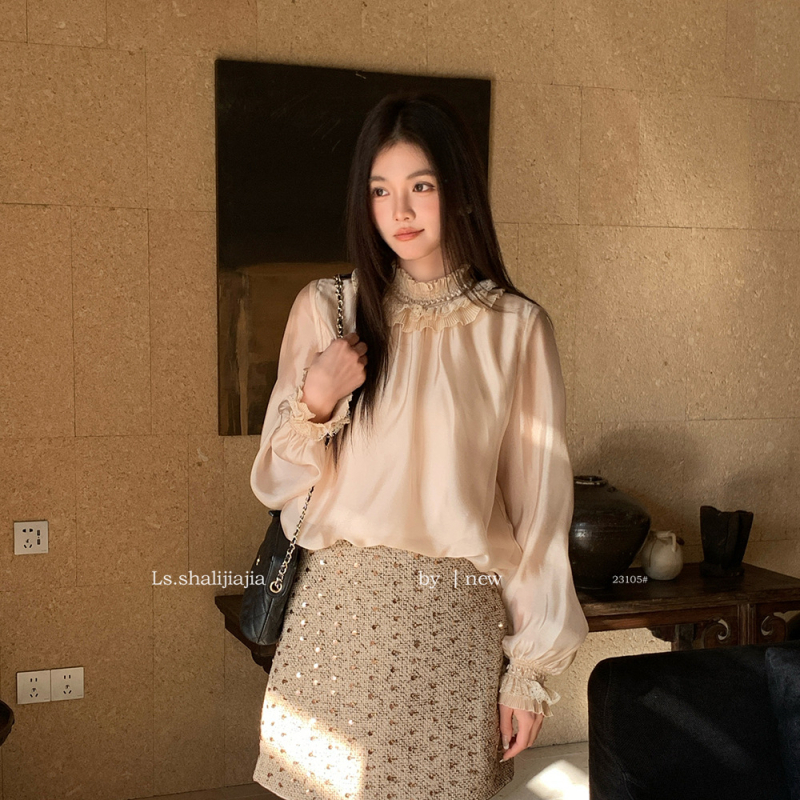 Bluza od šifona, jednobojna, dugi rukavi, okrugli izrez — 23105, LS SHALIJIAJIA