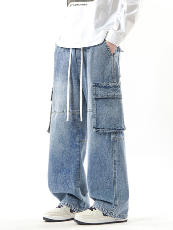 Muške traperice s labavim ravnim krojem, hongkonški stil, srednji struk, zatvaranje uzicom, džepovi s ukrasom, pamukova smjesa.