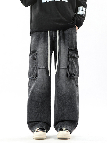 Muške traperice s labavim ravnim krojem, hongkonški stil, srednji struk, zatvaranje uzicom, džepovi s ukrasom, pamukova smjesa.