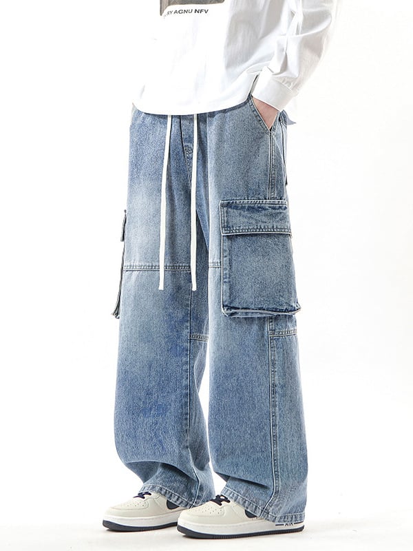 Muške traperice s labavim ravnim krojem, hongkonški stil, srednji struk, zatvaranje uzicom, džepovi s ukrasom, pamukova smjesa.