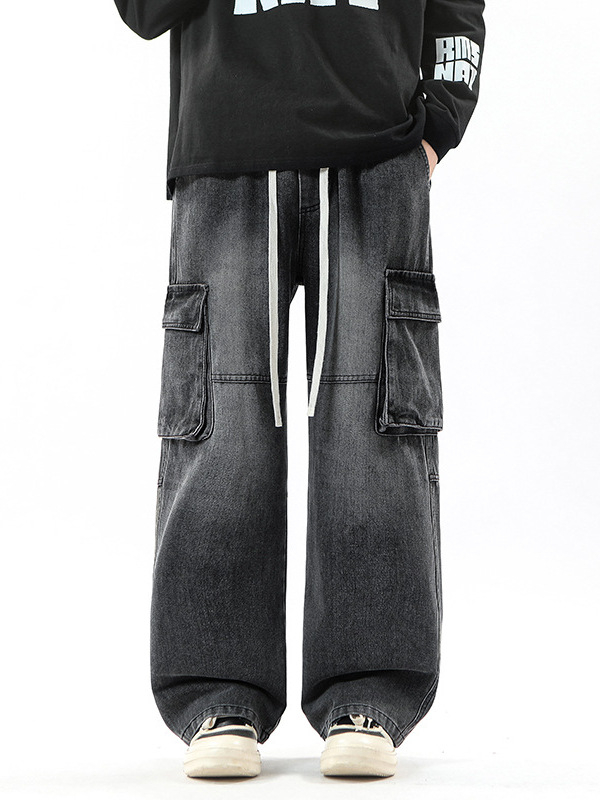 Muške traperice s labavim ravnim krojem, hongkonški stil, srednji struk, zatvaranje uzicom, džepovi s ukrasom, pamukova smjesa.