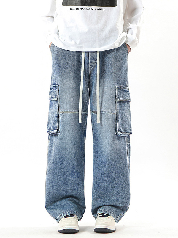 Muške traperice s labavim ravnim krojem, hongkonški stil, srednji struk, zatvaranje uzicom, džepovi s ukrasom, pamukova smjesa.