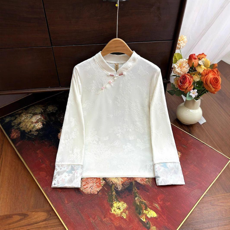Bijela ženska bluza s dugim rukavima u novom kineskom stilu, čvor-gumbi, vez i žakard, retro inspiracija, svestran komad