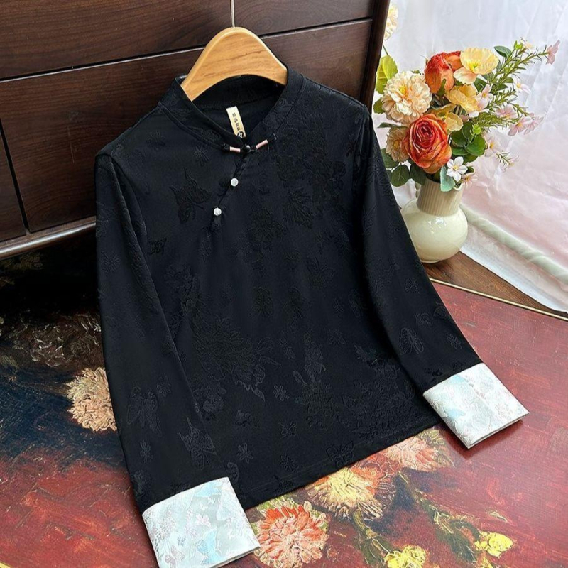 Bijela ženska bluza s dugim rukavima u novom kineskom stilu, čvor-gumbi, vez i žakard, retro inspiracija, svestran komad