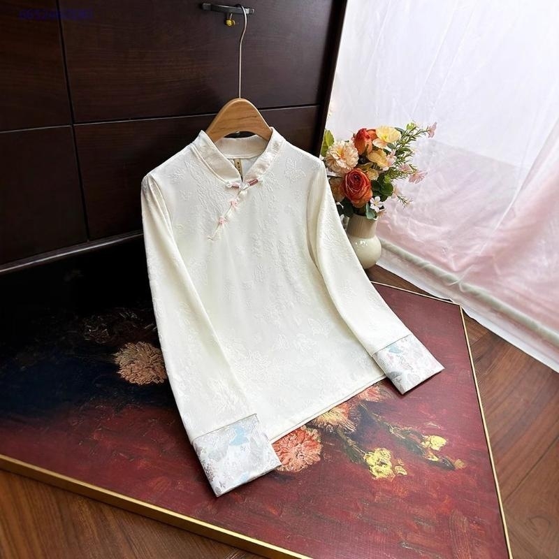Bijela ženska bluza s dugim rukavima u novom kineskom stilu, čvor-gumbi, vez i žakard, retro inspiracija, svestran komad