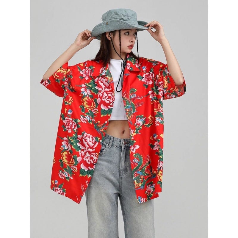 Ženska košulja s velikim cvjetnim uzorkom, cardigan stil, poliester, digitalni print, kratki rukavi