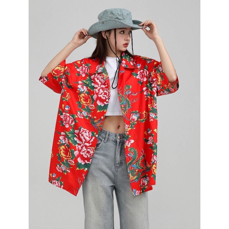 Ženska košulja s velikim cvjetnim uzorkom, cardigan stil, poliester, digitalni print, kratki rukavi