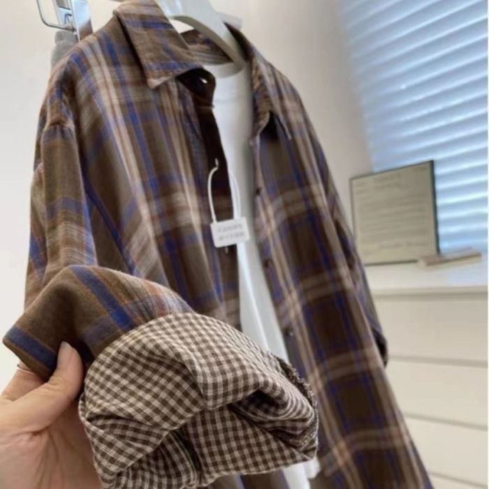 Ženska košuljo-blejzer s kariranim uzorkom, dvostruko vlakno pamuka, duge rukave, polo ovratnik, srednja duljina, retro stil