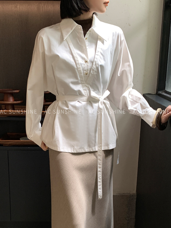 Ženska košulja od pamuka 95%+, jednobojna, dugi rukavi, ovratnik tipa lapel, tkana tkanina, elegantan uredski stil