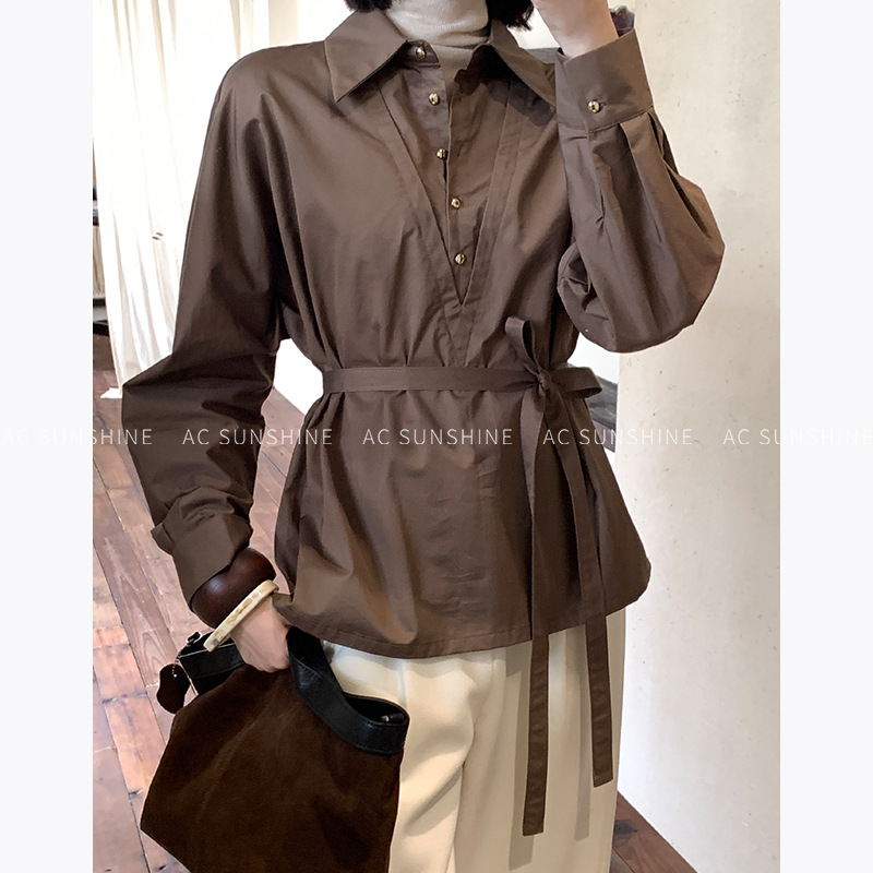 Ženska košulja od pamuka 95%+, jednobojna, dugi rukavi, ovratnik tipa lapel, tkana tkanina, elegantan uredski stil