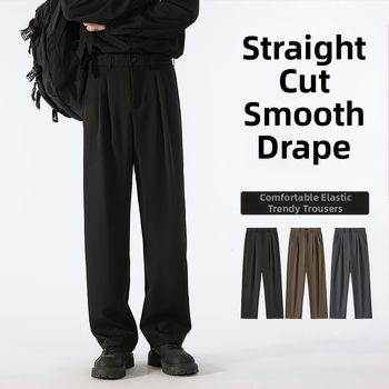 Muške hlače u japanskom stilu za casual nošenje, širokog ravnog kroja, srednji porast, zatvaranje na gumbe, 97% poliester, 3% spandex, proljeće i jesen